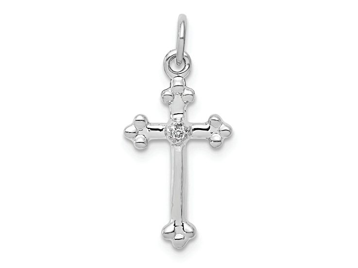Rhodium Over 14K White Gold Small Diamond Budded Cross Pendant