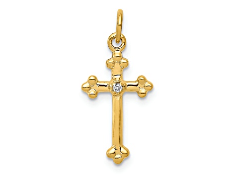 14K Yellow Gold Small Diamond Budded Cross Pendant