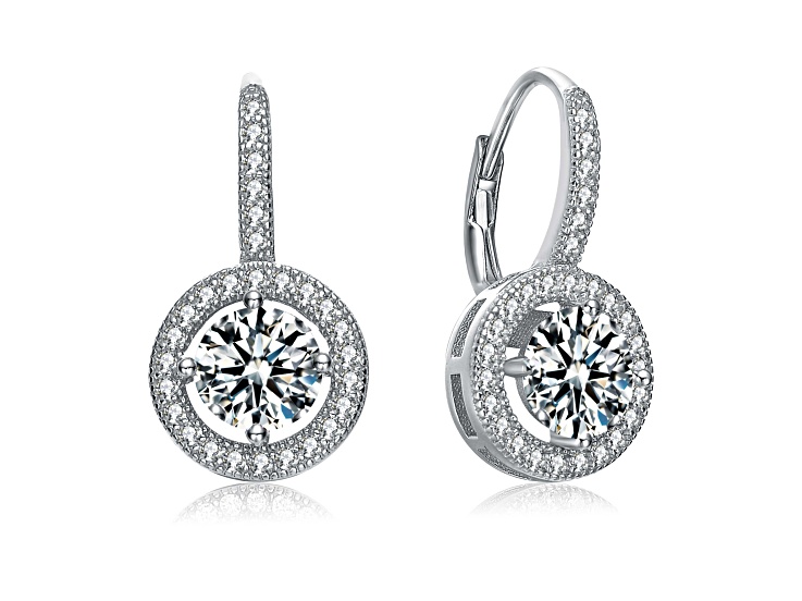 Clear Cubic Zirconia, Rhodium Plated over Sterling Silver Leverback Drop Earrings