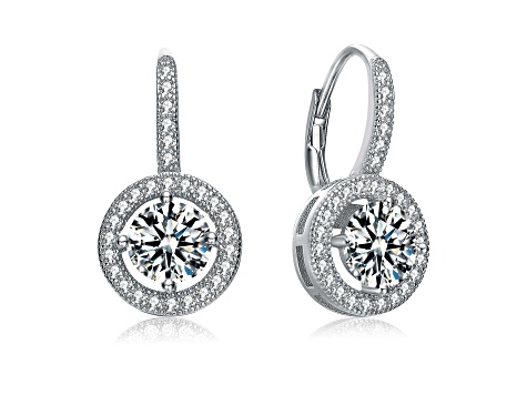 Clear Cubic Zirconia, Rhodium Plated over Sterling Silver Leverback Drop Earrings