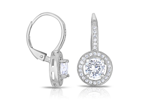 Clear Cubic Zirconia, Rhodium Plated over Sterling Silver Leverback Drop Earrings