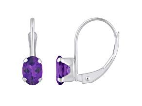 6x4mm Oval Amethyst Rhodium Over 10k White Gold Drop Earrings