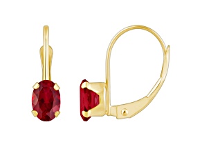 6x4mm Oval Created Ruby 10k Yellow Gold Drop Earrings