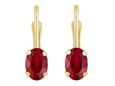 6x4mm Oval Created Ruby 10k Yellow Gold Drop Earrings