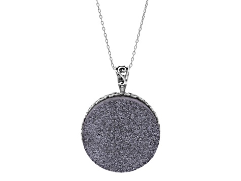 Gray Drusy Quartz Round Sterling Silver Solitaire Pendant 25.00ct