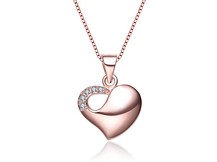 Clear Cubic Zirconia, 18k Rose Gold Plated over Sterling Silver Heart Necklace