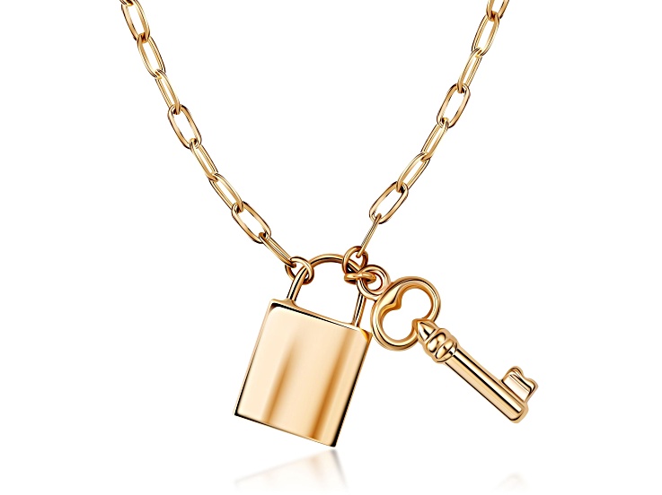 14K Solid Gold Paperclip Lock And Key Bracelet Necklace Set
