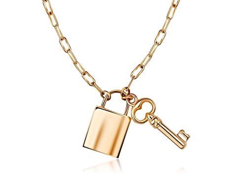 14K Solid Gold Paperclip Lock And Key Bracelet Necklace Set