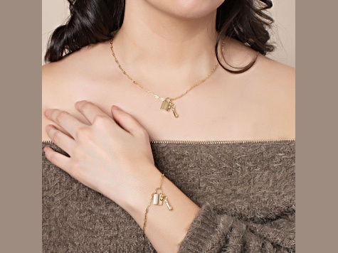 14K Solid Gold Paperclip Lock And Key Bracelet Necklace Set
