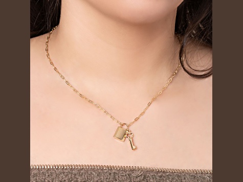 14K Solid Gold Paperclip Lock And Key Bracelet Necklace Set