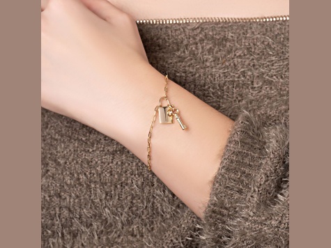 14K Solid Gold Paperclip Lock And Key Bracelet Necklace Set