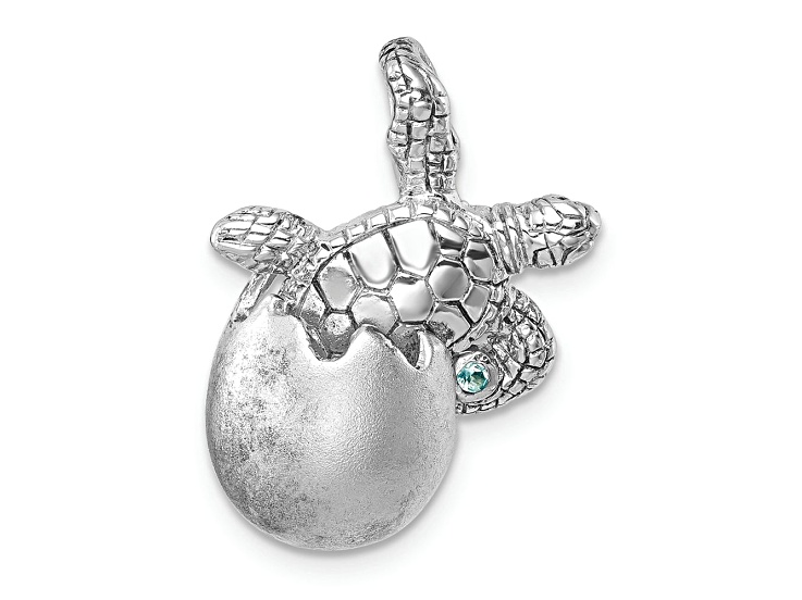 Rhodium Over Sterling Silver Moveable Crystal Hatching Turtle Chain Slide Pendant