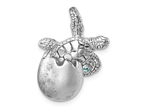 Rhodium Over Sterling Silver Moveable Crystal Hatching Turtle Chain Slide Pendant