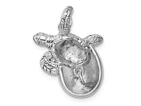 Rhodium Over Sterling Silver Moveable Crystal Hatching Turtle Chain Slide Pendant