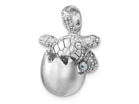 Rhodium Over Sterling Silver Moveable Crystal Hatching Turtle Chain Slide Pendant
