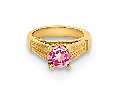 14k Yellow Gold 3D Ring with October Birthstone Light Pink Cubic Zirconia Charm