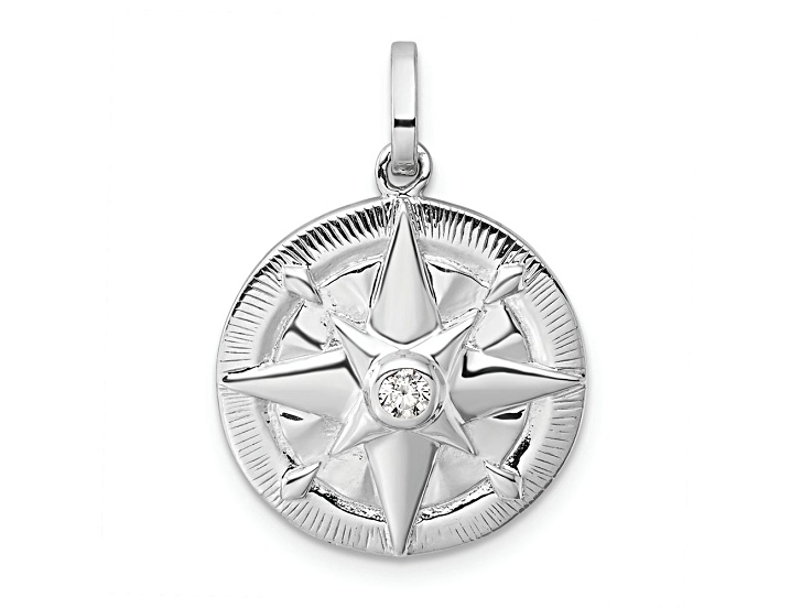 Rhodium Over Sterling Silver Cubic Zirconia Compass Pendant