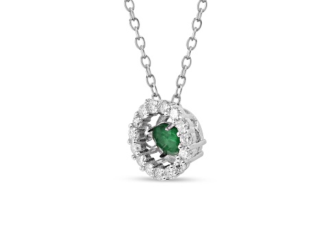 Emerald with Lab Grown Diamond Accents Rhodium Over Sterling Silver Necklace 0.30ctw