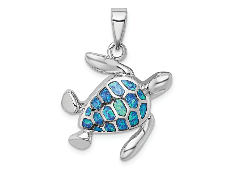 Rhodium Over Sterling Silver Blue Inlay Lab Created Opal Turtle Pendant