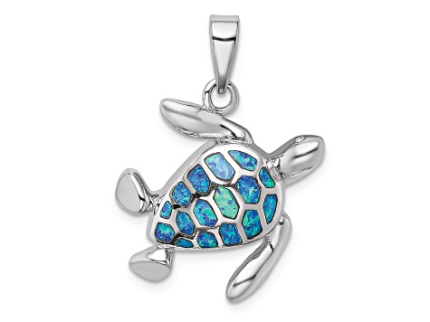 Rhodium Over Sterling Silver Blue Inlay Lab Created Opal Turtle Pendant