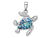 Rhodium Over Sterling Silver Blue Inlay Lab Created Opal Turtle Pendant