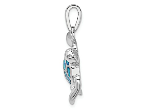 Rhodium Over Sterling Silver Blue Inlay Lab Created Opal Turtle Pendant