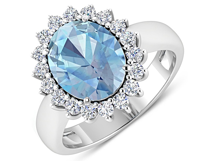 3.44ctw Blue Aquamarine and Diamond 14K White Gold Halo Ring