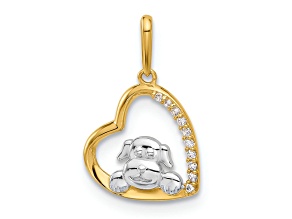 10k Yellow Gold and Rhodium Over 10k Yellow Gold Cubic Zirconia Dog in Heart Charm