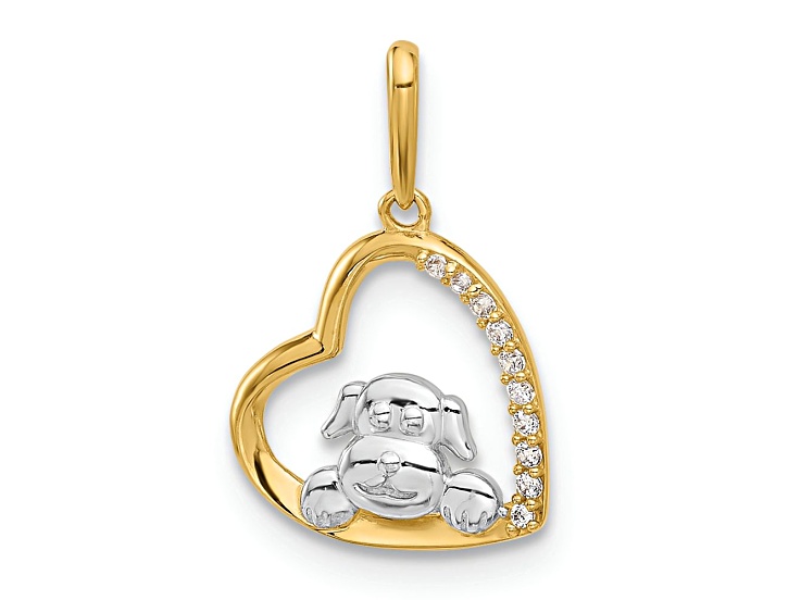 10k Yellow Gold and Rhodium Over 10k Yellow Gold Cubic Zirconia Dog in Heart Charm