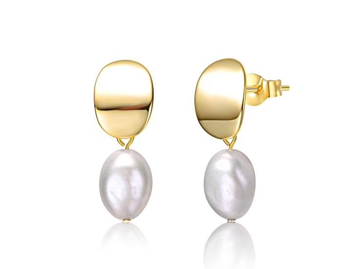 Oval White Freshwater Pearl, 14K Yellow Gold Plated over Sterling Silver Dangle Earrings