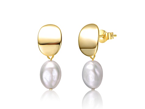 Oval White Freshwater Pearl, 14K Yellow Gold Plated over Sterling Silver Dangle Earrings