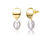 Oval White Freshwater Pearl, 14K Yellow Gold Plated over Sterling Silver Dangle Earrings