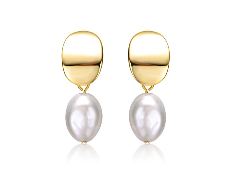 Oval White Freshwater Pearl, 14K Yellow Gold Plated over Sterling Silver Dangle Earrings