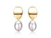 Oval White Freshwater Pearl, 14K Yellow Gold Plated over Sterling Silver Dangle Earrings