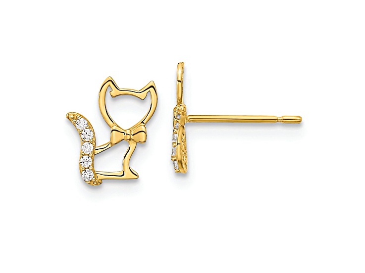 14k Yellow Gold Children's Kitten with Cubic Zirconia Tail Stud Earrings