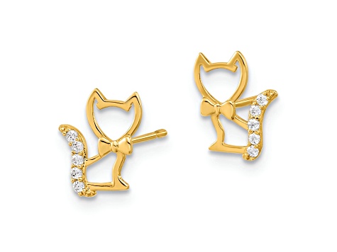 14k Yellow Gold Children's Kitten with Cubic Zirconia Tail Stud Earrings