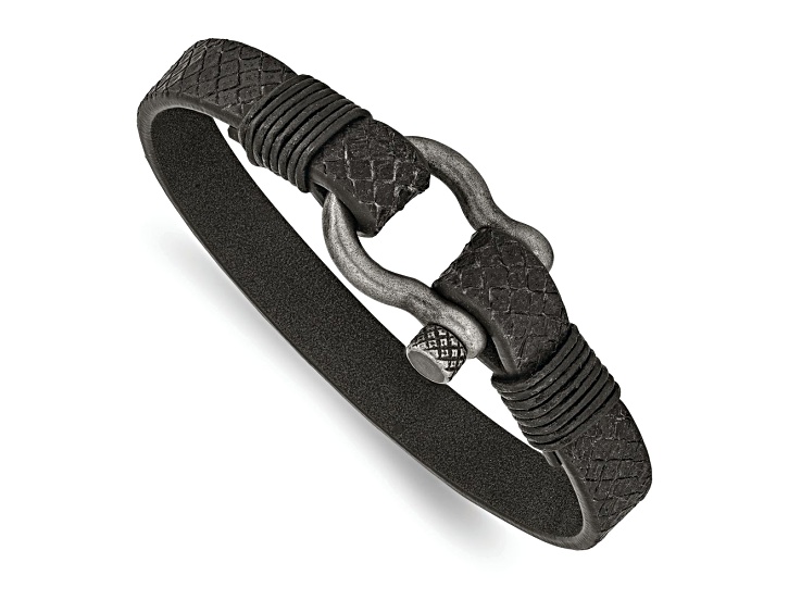 Black Leather and Stainless Steel Antiqued White Bronze Plated 8-inch Shackle Bracelet