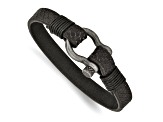 Black Leather and Stainless Steel Antiqued White Bronze Plated 8-inch Shackle Bracelet
