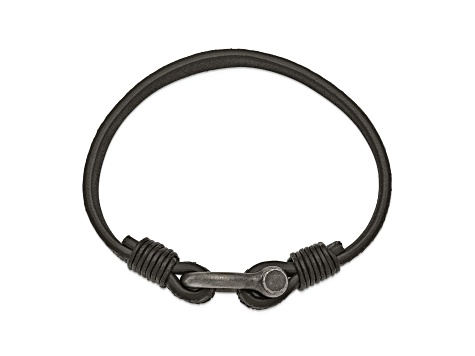 Black Leather and Stainless Steel Antiqued White Bronze Plated 8-inch Shackle Bracelet
