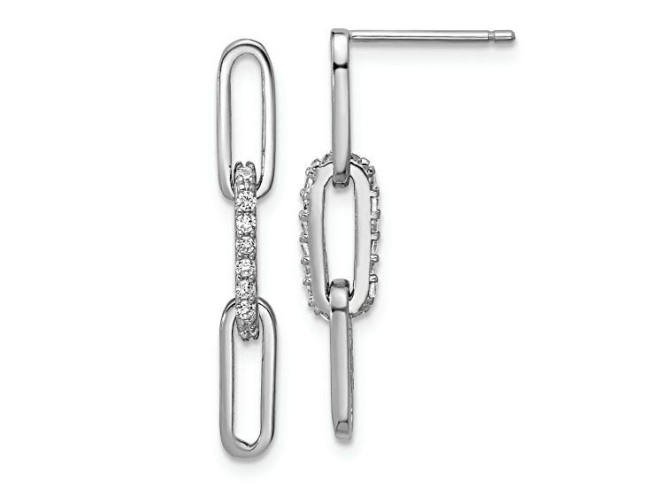 Rhodium Over Sterling Silver Polished Cubic Zirconia Paperclip Link Post Dangle Earrings