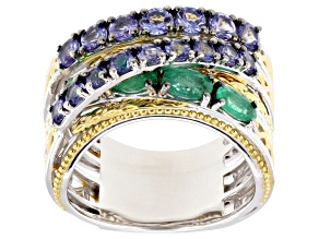 Blue Tanzanite, Grizzly Emerald Rhodium/24K Yellow Gold Over Palladium Sterling Silver Ring 2.18ctw