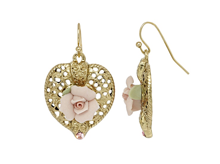 Gold Tone Pink Crystal and Porcelain Rose Filigree Heart Earrings