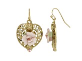 Gold Tone Pink Crystal and Porcelain Rose Filigree Heart Earrings