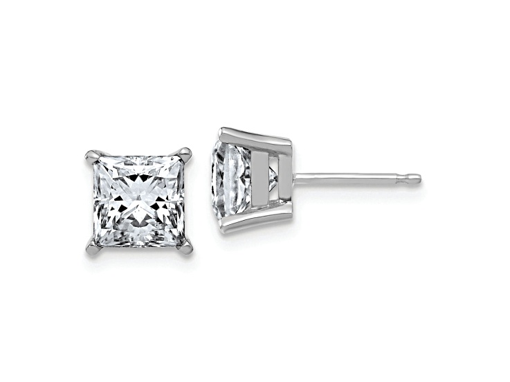 Rhodium Over 14K White Gold 3ct. 6.5mm Princess D E F Pure Light Moissanite Earrings