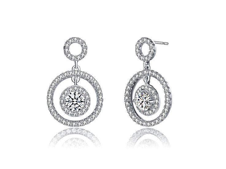 Clear Cubic Zirconia, Rhodium Plated over Sterling Silver Three Halo Drop Earrings
