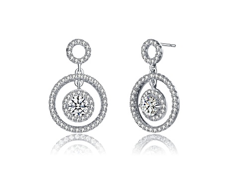 Clear Cubic Zirconia, Rhodium Plated over Sterling Silver Three Halo Drop Earrings