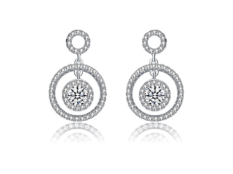 Clear Cubic Zirconia, Rhodium Plated over Sterling Silver Three Halo Drop Earrings