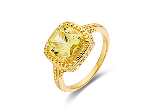 Square Cushion Lab Created Yellow Sapphire 18K Yellow Gold Over Sterling Silver Beaded Halo Ring