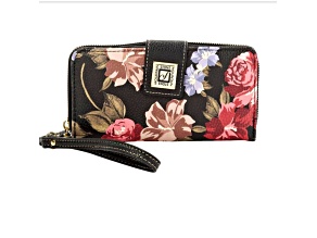 Stone Mountain Rose Bloom Leather Large Tab Zip Around with Wristlet Strap Black Floral