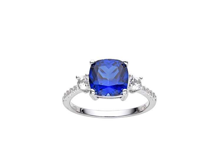 Lab Created Blue Sapphire and White Topaz Rhodium Over Sterling Silver Ring